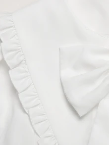 SHEIN 青少年女孩寬鬆休閒極簡舒適日常穿著大學風白色優雅荷葉邊飾前開鈕扣上衣 - 白色 - 查看 5