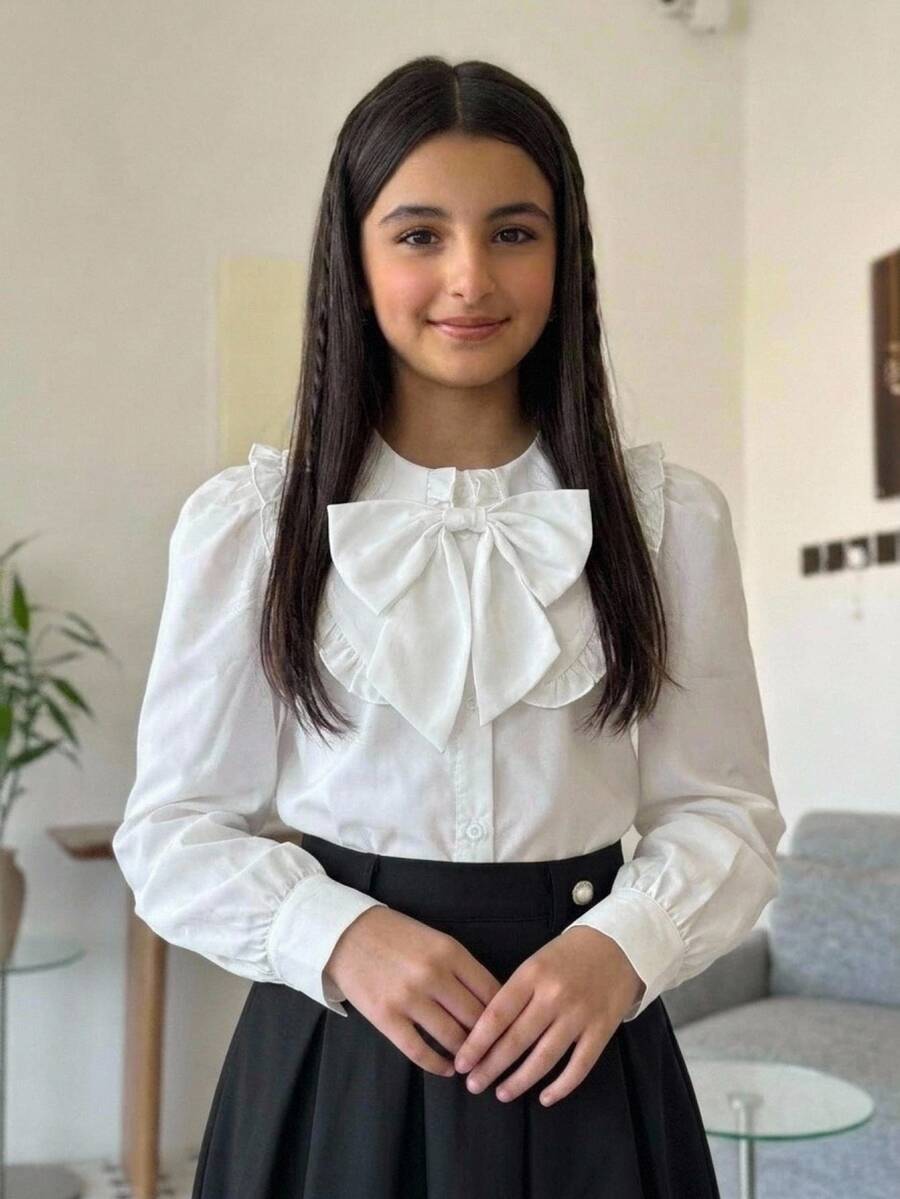 SHEIN 青少年女孩寬鬆休閒極簡舒適日常穿著大學風白色優雅荷葉邊飾前開鈕扣上衣 - 白色 - 查看 1