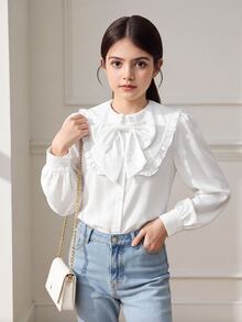 SHEIN 青少年女孩寬鬆休閒極簡舒適日常穿著大學風白色優雅荷葉邊飾前開鈕扣上衣 - 白色 - 查看 2