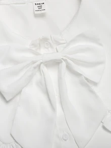 SHEIN 青少年女孩寬鬆休閒極簡舒適日常穿著大學風白色優雅荷葉邊飾前開鈕扣上衣 - 白色 - 查看 6