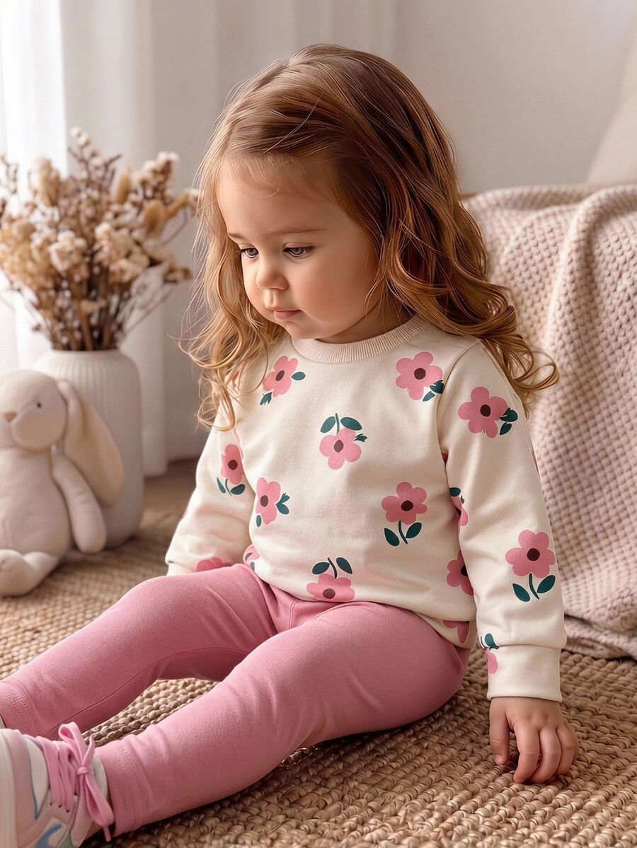 2pcs Toddler Girl Sweatshirt Leggings Set Sweet Pink Cream Floral Ribbed Long Sleeve Round Neck Regular Birthday Party Fall Fall Clothes Pullover Knit