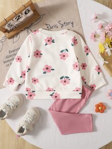 2pcs Toddler Girl Sweatshirt Leggings Set Sweet Pink Cream Floral Ribbed Long Sleeve Round Neck Regular Birthday Party Fall Fall Clothes Pullover Knit - Red - View 4