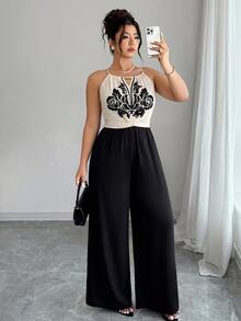 Elenzga Plus Size Women Spring Summer Positioned Print Solid Color Matching Top And Bottom Elegant Jumpsuit - Multicolor - View 3
