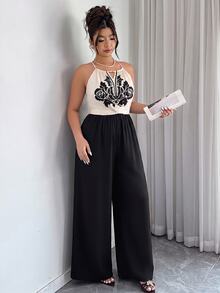 Elenzga Plus Size Women Spring Summer Positioned Print Solid Color Matching Top And Bottom Elegant Jumpsuit - Multicolor - View 5