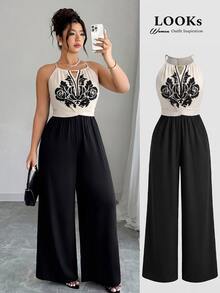 Elenzga Plus Size Women Spring Summer Positioned Print Solid Color Matching Top And Bottom Elegant Jumpsuit - Multicolor - View 1