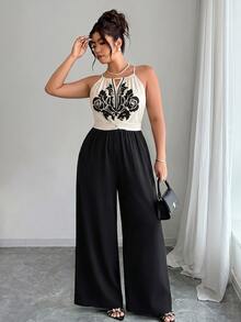 Elenzga Plus Size Women Spring Summer Positioned Print Solid Color Matching Top And Bottom Elegant Jumpsuit - Multicolor - View 8
