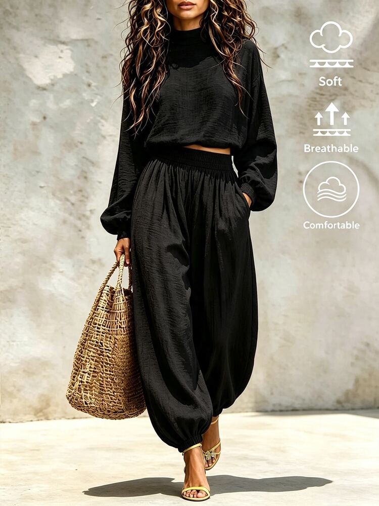 SHEIN طقم نسائي أنيق وكاجوال بأكمام طويلة باللون الأسود، ملابس خريفية، متعددة الاستخدامات للتنقل اليومي - الأسود - مشاهدة 6