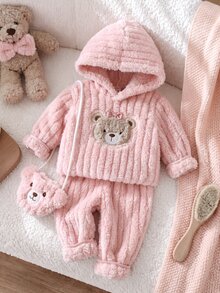 SHEIN Playful Pals 3件組女嬰連帽上衣褲子套裝 可愛甜美粉色熊刺繡蝴蝶結 羅紋毛絨長袖連帽加厚 戶外派對冬季公主保暖包 - 淺粉色 - 查看 6