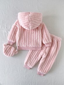 SHEIN Playful Pals 3件組女嬰連帽上衣褲子套裝 可愛甜美粉色熊刺繡蝴蝶結 羅紋毛絨長袖連帽加厚 戶外派對冬季公主保暖包 - 淺粉色 - 查看 2