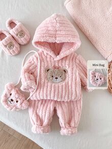 SHEIN Playful Pals 3件組女嬰連帽上衣褲子套裝 可愛甜美粉色熊刺繡蝴蝶結 羅紋毛絨長袖連帽加厚 戶外派對冬季公主保暖包 - 淺粉色 - 查看 3