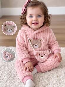 SHEIN Playful Pals 3件組女嬰連帽上衣褲子套裝 可愛甜美粉色熊刺繡蝴蝶結 羅紋毛絨長袖連帽加厚 戶外派對冬季公主保暖包 - 淺粉色 - 查看 1