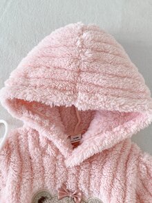 SHEIN Playful Pals 3件組女嬰連帽上衣褲子套裝 可愛甜美粉色熊刺繡蝴蝶結 羅紋毛絨長袖連帽加厚 戶外派對冬季公主保暖包 - 淺粉色 - 查看 10