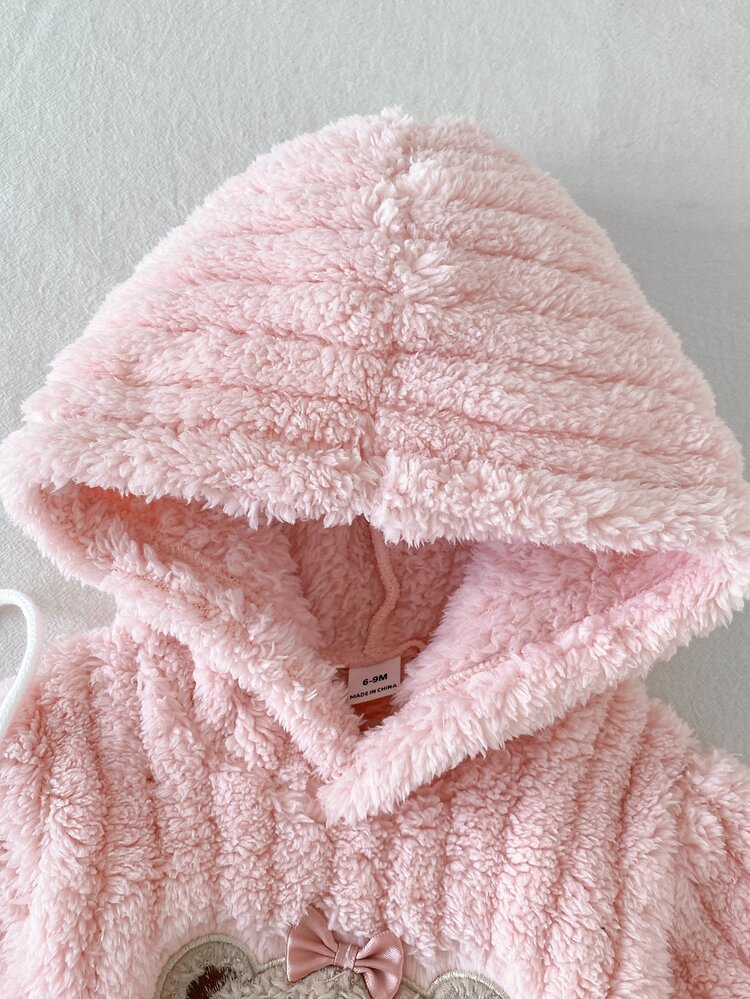 SHEIN Playful Pals 3pcs Baby Girl Hooded Top Pants Set Cute Sweet Pink Bear Embroidery Bow Ribbed Plush Long Sleeve Hooded Thick Outdoor Party Winter Princess Cozy Bag - Baby Pink - View 10