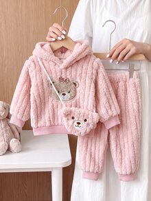 SHEIN Playful Pals 3件組女嬰連帽上衣褲子套裝 可愛甜美粉色熊刺繡蝴蝶結 羅紋毛絨長袖連帽加厚 戶外派對冬季公主保暖包 - 淺粉色 - 查看 5