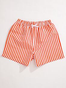 SHEIN Teen Boys' Casual Vacation Solid Striped Loose Woven Beach Swim Trunks - Red - View 6
