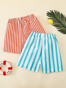 SHEIN Teen Boys' Casual Vacation Solid Striped Loose Woven Beach Swim Trunks - Red - View 2