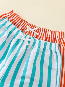 SHEIN Teen Boys' Casual Vacation Solid Striped Loose Woven Beach Swim Trunks - Red - View 4