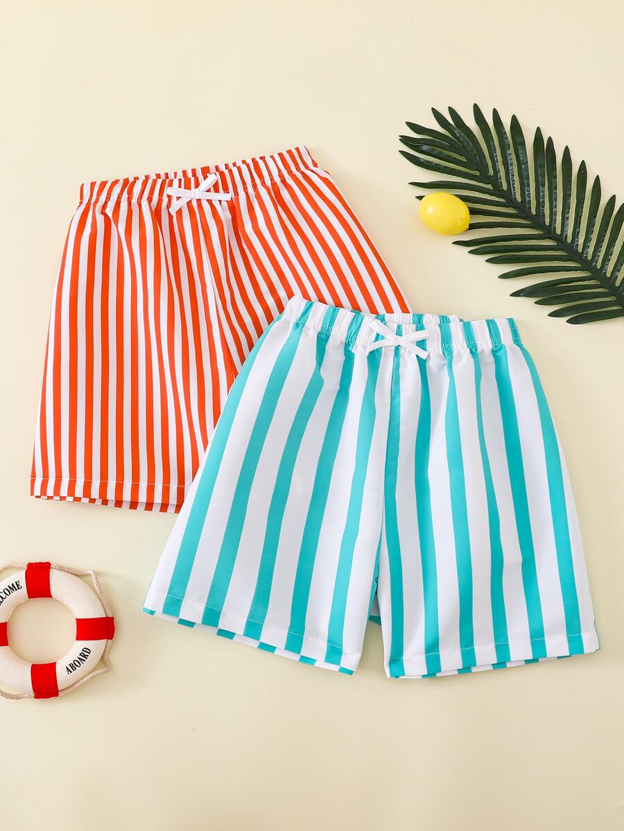 SHEIN Teen Boys' Casual Vacation Solid Striped Loose Woven Beach Swim Trunks - Red - View 1