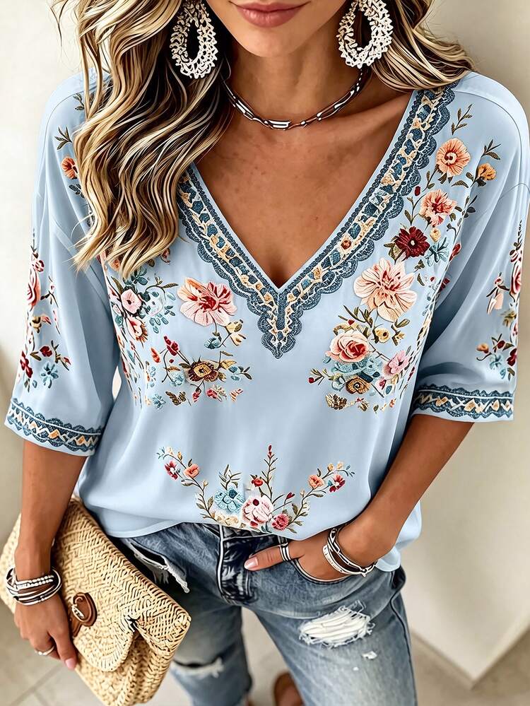 Selamara Women's Plus Size Floral Print V-Neck Casual Vacation Top - Blue - View 4