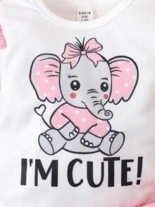 SHEIN Newborn Baby 3-Piece Bodysuit Set: White Flutter-Sleeve Romper With Pink Elephant, Pink Heart-Print Pants & Matching Headband, Cute Outfit For Infant - Multicolor - View 3