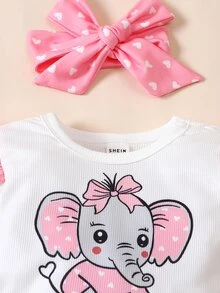 SHEIN Newborn Baby 3-Piece Bodysuit Set: White Flutter-Sleeve Romper With Pink Elephant, Pink Heart-Print Pants & Matching Headband, Cute Outfit For Infant - Multicolor - View 4