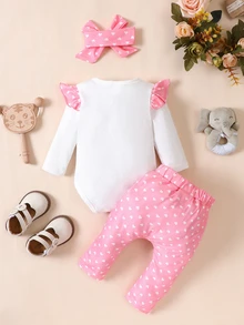 SHEIN Newborn Baby 3-Piece Bodysuit Set: White Flutter-Sleeve Romper With Pink Elephant, Pink Heart-Print Pants & Matching Headband, Cute Outfit For Infant - Multicolor - View 2