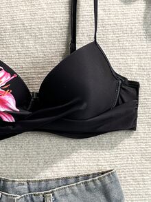 Swim Vcay 女款夏季黑色粉色花卉細肩帶性感海灘度假比基尼泳衣上衣 - 黑色 - 查看 4