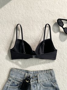 Swim Vcay 女款夏季黑色粉色花卉細肩帶性感海灘度假比基尼泳衣上衣 - 黑色 - 查看 2