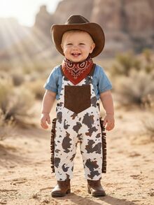 SHEIN Playful Pals 幼童男童西式牛仔白色黑波點秋季可愛首週年農場圖案印花口袋吊帶連身褲 & 帽子 - 白色 - 查看 4