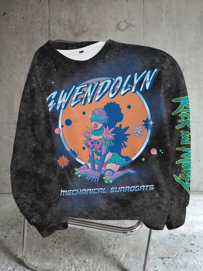 Rick and Morty X SHEIN Sudadera tipo pullover con gráfico de eslogan y figura de dibujos animados con efecto lavado