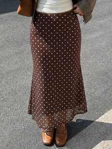 SHEIN EZwear 女士情人节爱心印花鱼尾黑色网纱裙 - 咖啡棕 - 查看 7