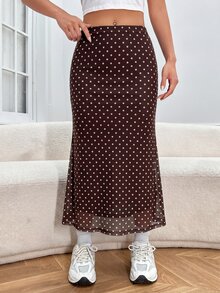 SHEIN EZwear 女士情人节爱心印花鱼尾黑色网纱裙 - 咖啡棕 - 查看 3