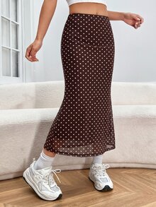 SHEIN EZwear 女士情人节爱心印花鱼尾黑色网纱裙 - 咖啡棕 - 查看 4