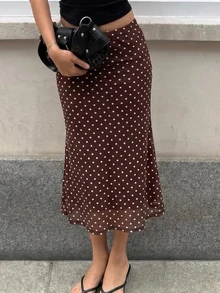 SHEIN EZwear 女士情人节爱心印花鱼尾黑色网纱裙 - 咖啡棕 - 查看 6