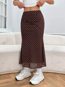 SHEIN EZwear 女士情人节爱心印花鱼尾黑色网纱裙 - 咖啡棕 - 查看 5