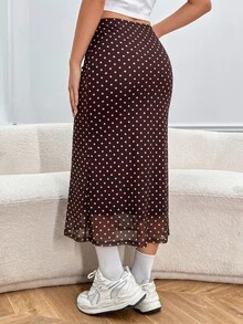 SHEIN EZwear 女士情人节爱心印花鱼尾黑色网纱裙 - 咖啡棕 - 查看 2
