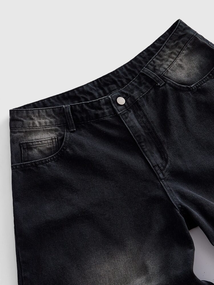 ROMWE MEN Men's Embroidered Pattern Curved Loose Fit Jeans - Black - View 4