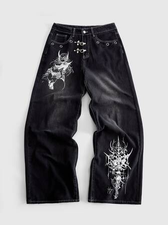 Herren-Jeans in lockerer Passform mit Metallschnalle und bedrucktem Muster