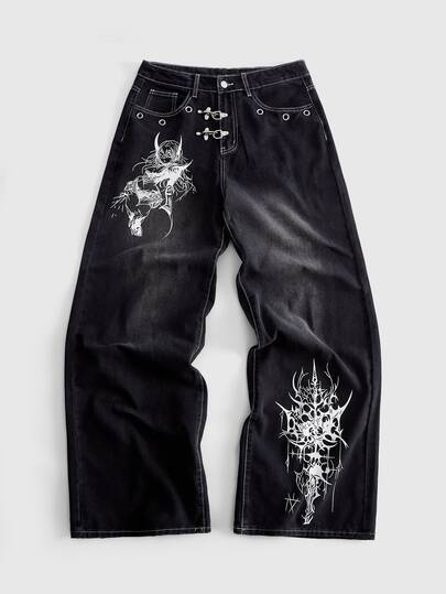 Herren-Jeans in lockerer Passform mit Metallschnalle und bedrucktem Muster