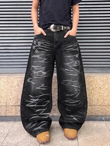 ROMWE MEN 男士子彈孔刺繡圖案彎曲寬鬆版牛仔褲 - 黑色 - 查看 1