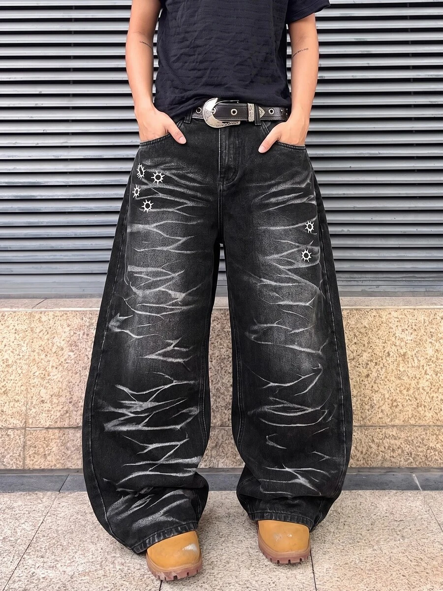 ROMWE MEN 男士子彈孔刺繡圖案彎曲寬鬆版牛仔褲 - 黑色 - 查看 1