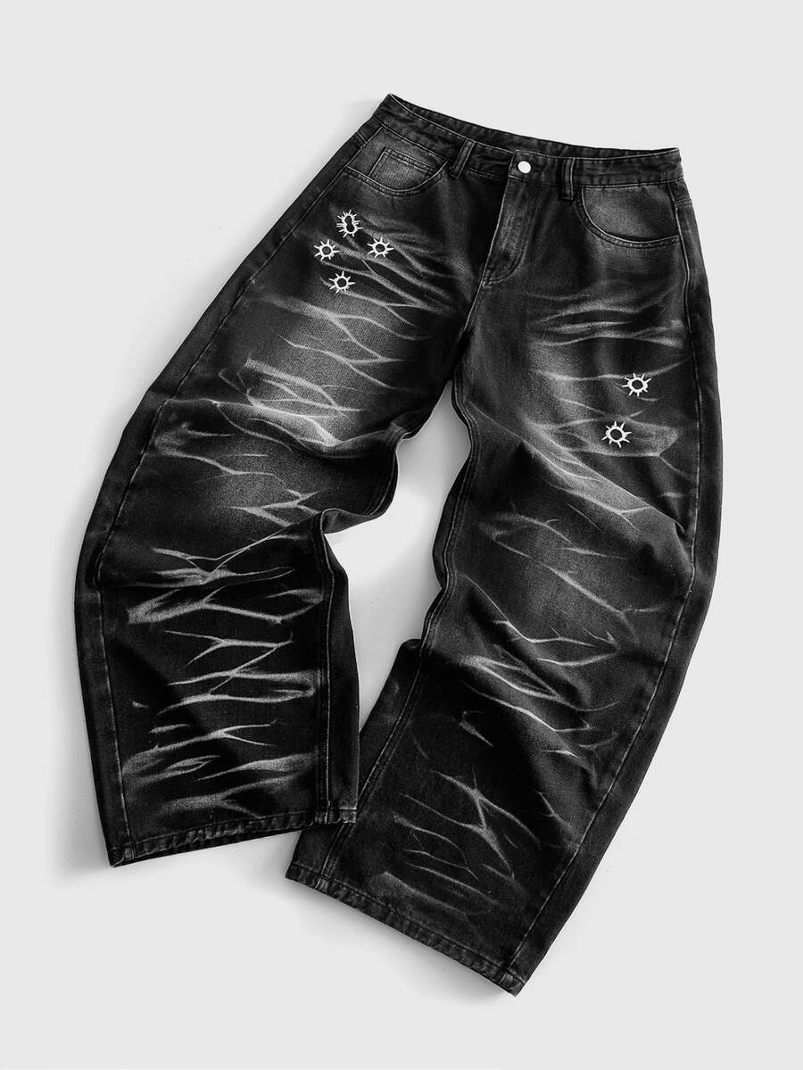 ROMWE MEN Men's Bullet Hole Embroidered Pattern Curved Loose Fit Jeans - Black - View 1
