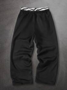 ROMWE MEN Essentials 男士休閒運動字母刺繡抽繩腰鬆緊腰運動長褲，印花字母黑色寬鬆運動長褲，Manfinity運動長褲 - 黑色 - 查看 2