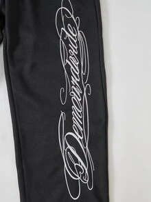 ROMWE MEN Essentials 男士休閒運動字母刺繡抽繩腰鬆緊腰運動長褲，印花字母黑色寬鬆運動長褲，Manfinity運動長褲 - 黑色 - 查看 3