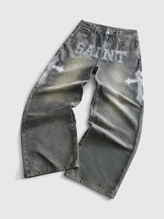 Street Life Jean en denim décontracté pour homme avec poche, bouton et motif lettre
