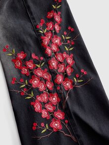 ROMWE MEN Men's Loose Fit Floral Embroidered Pattern Jeans - Black - View 7