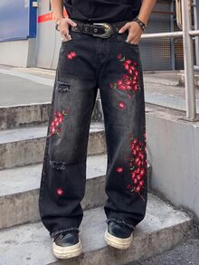 ROMWE MEN Men's Loose Fit Floral Embroidered Pattern Jeans - Black - View 3