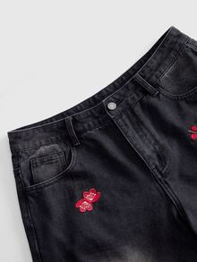 ROMWE MEN Men's Loose Fit Floral Embroidered Pattern Jeans - Black - View 4