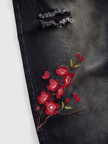 ROMWE MEN Men's Loose Fit Floral Embroidered Pattern Jeans - Black - View 5