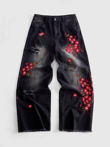 ROMWE MEN Men's Loose Fit Floral Embroidered Pattern Jeans - Black - View 1
